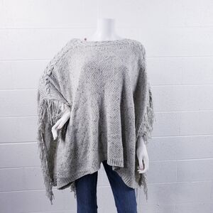 Lauren Ralph Lauren Wool Fringe Trim Knit Poncho Sweater Cream One Size